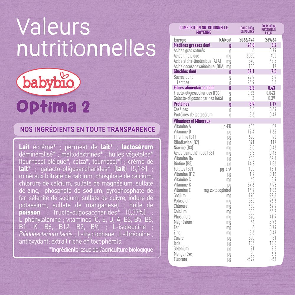 Tableau des valeurs nutritionnelles de Babybio Optima 2. Liste des ingrédients. Logo Babybio Optima 2.