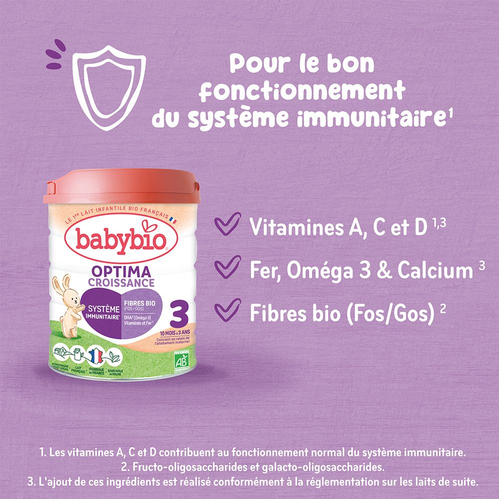 Boîte Babybio Optima 3 avec texte. Texte: Vitamines A, C et D, Fer, Oméga 3 & Calcium, Fibres bio (Fos/Gos).