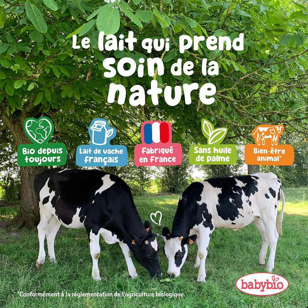 Deux vaches dans un champ. Texte: Bio, Lait de vache français, Fabriqué en France, Sans huile de palme, Bien-être animal.