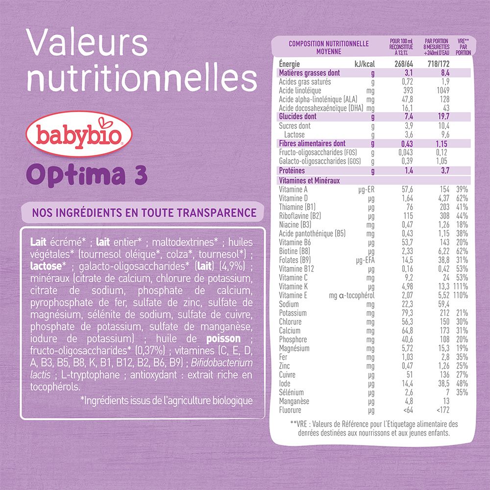 Tableau des valeurs nutritionnelles et liste des ingrédients pour Babybio Optima 3. Texte: Optima 3.