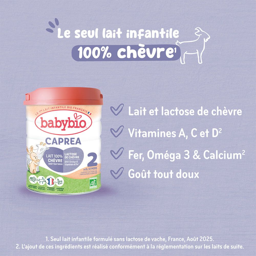 Babybio Caprea 2: Lait de chèvre, Vitamines A, C, D, Fer, Oméga 3, Calcium. Goût doux.
