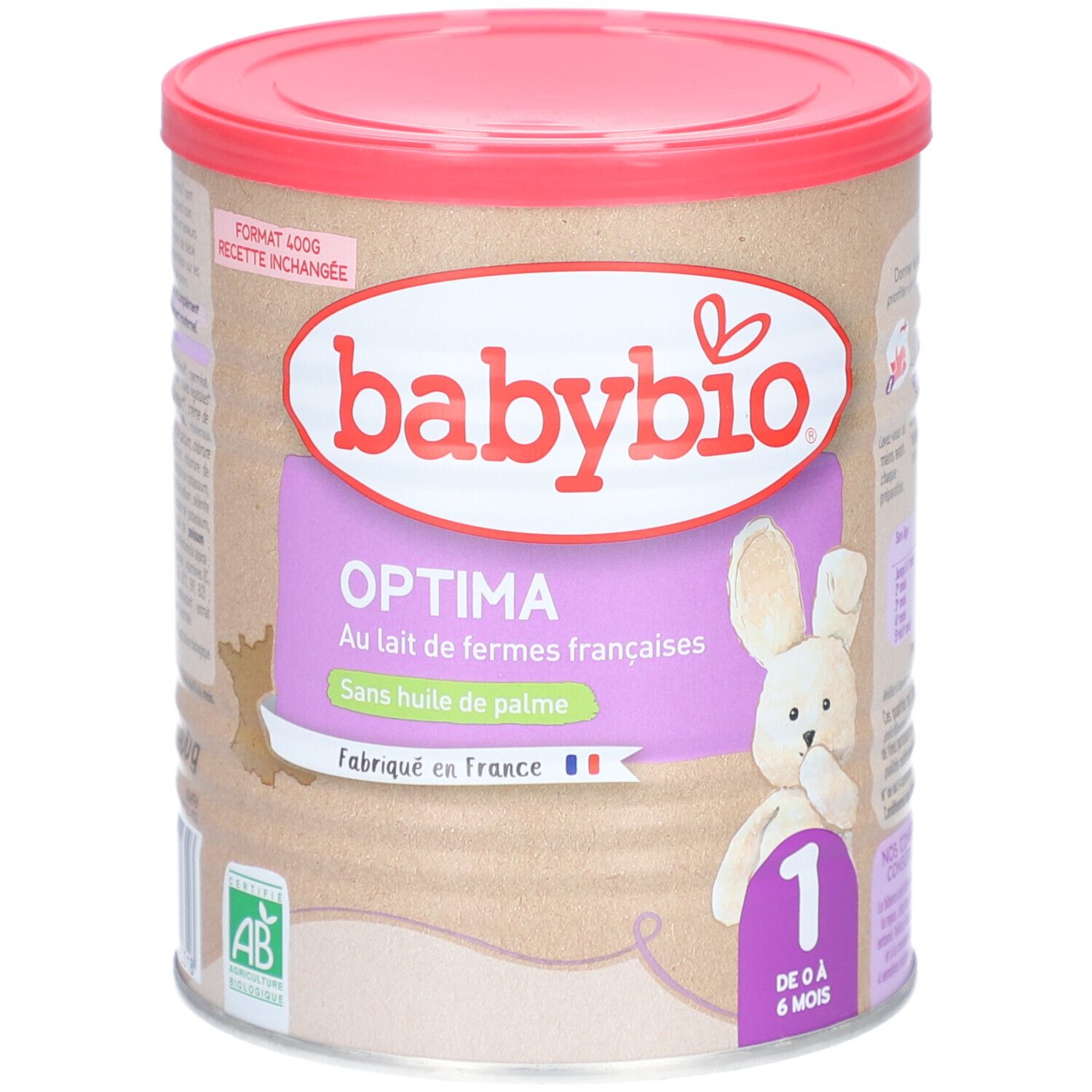 Boîte de BABYBIO Optima 1er Age. Couvercle rose, boîte marron avec inscriptions. Inscriptions: Optima, sans huile de palme, 1, 0-6 mois. Label AB.