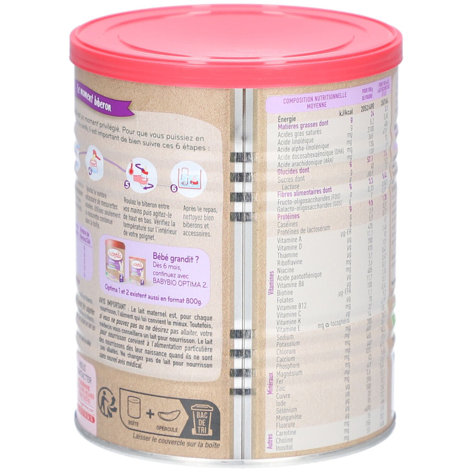 Dos de la boîte BABYBIO Optima 1er Age. Contient des informations nutritionnelles et des instructions de préparation. Couvercle rose, boîte marron.