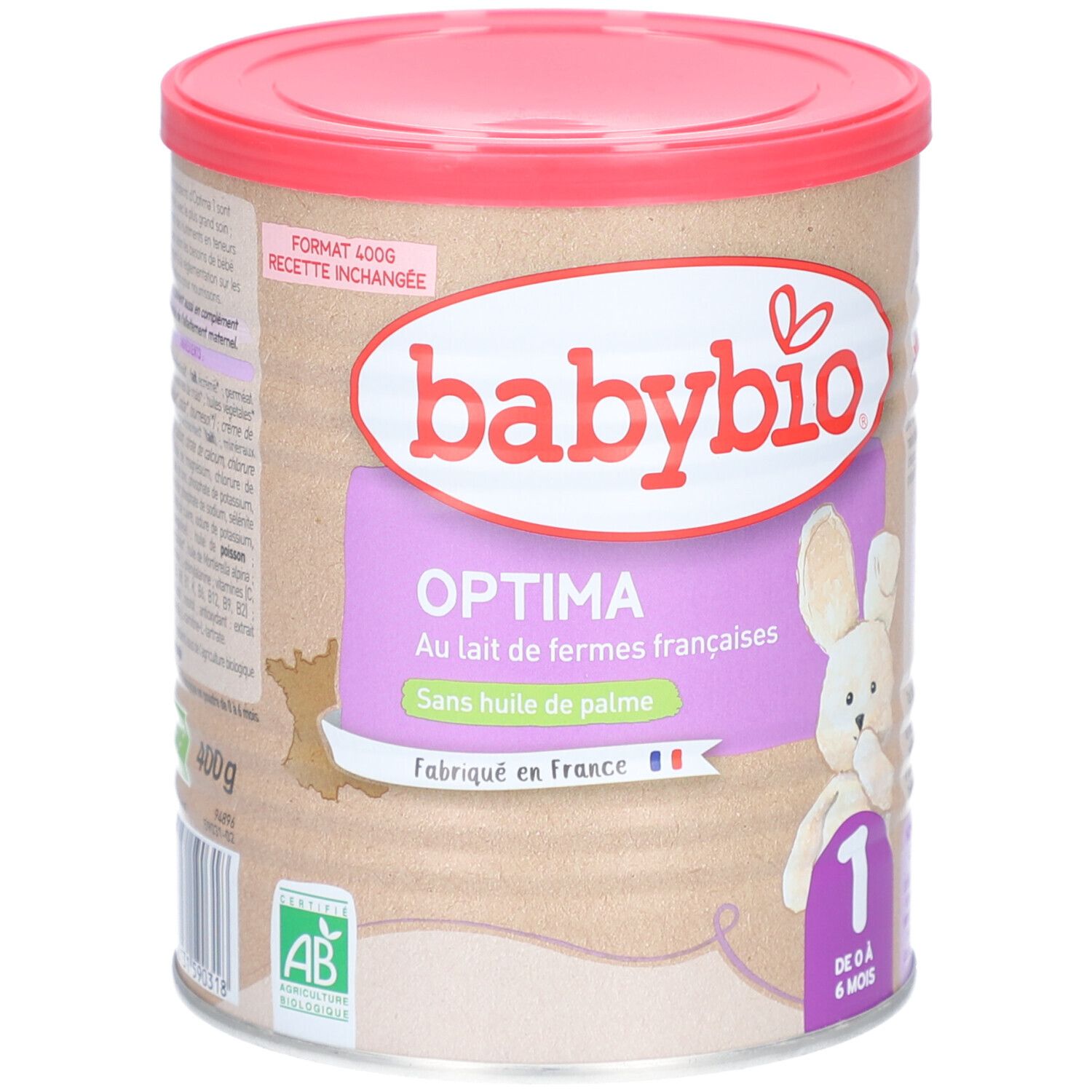 Boîte BABYBIO Optima 1er Age. Couvercle rose, boîte marron avec inscriptions. Inscriptions: Optima, sans huile de palme, 1, 0-6 mois. 400g.