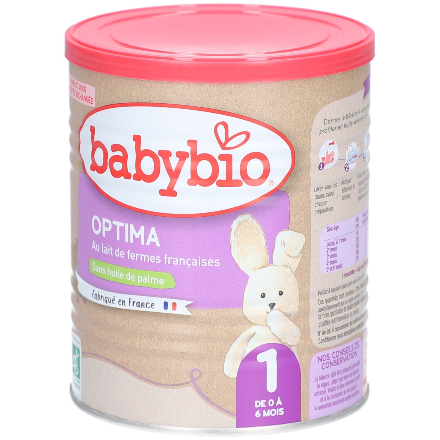 Boîte BABYBIO Optima 1er Age. Couvercle rose, boîte marron avec inscriptions. Inscriptions: Optima, sans huile de palme, 1, 0-6 mois. Vue détaillée.
