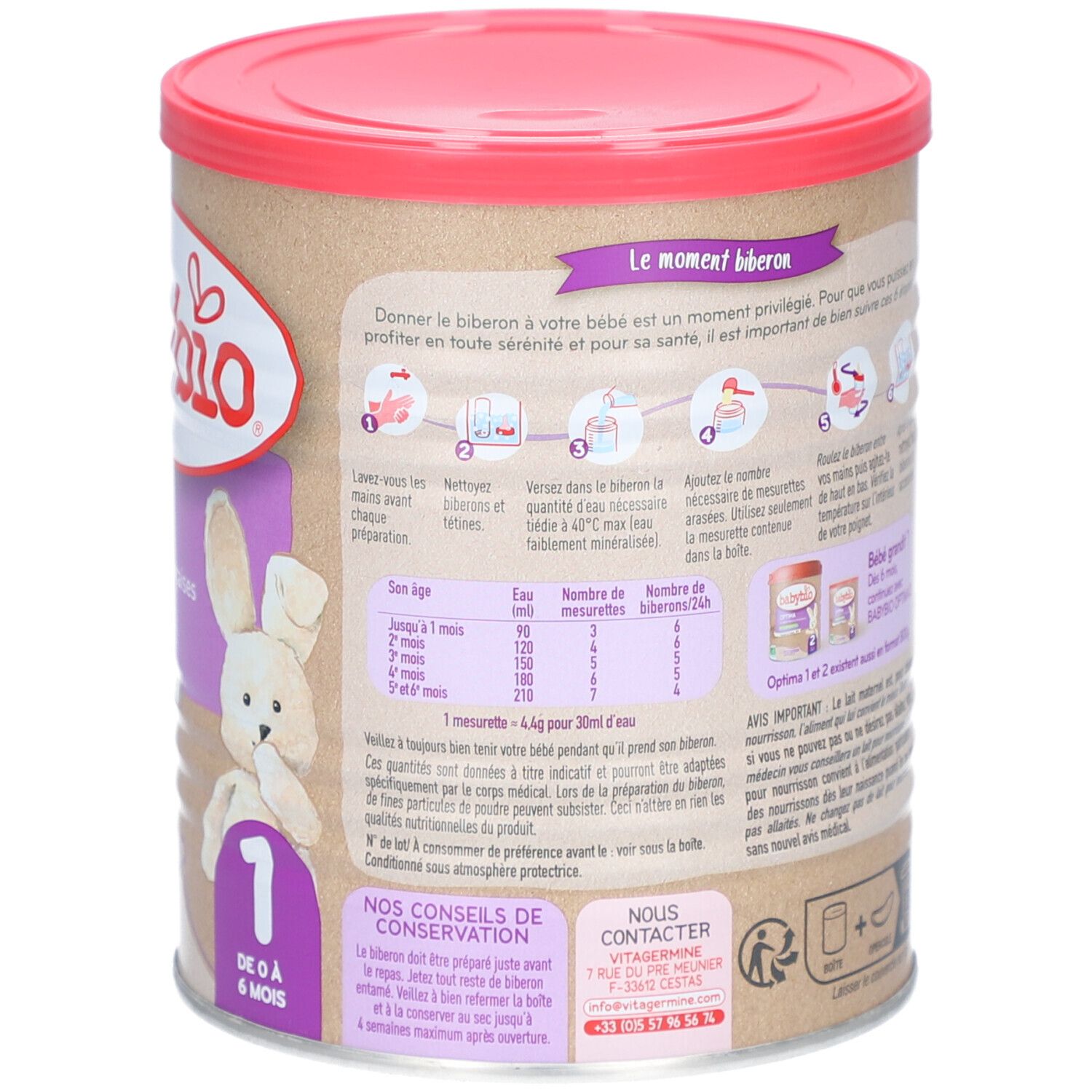 Dos de la boîte BABYBIO Optima 1er Age. Contient des instructions de préparation et des tableaux de dosage. Couvercle rose, boîte marron.