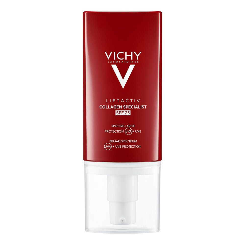 Tube rouge avec pompe blanche. Logo Vichy et nom du produit. SPF 25.