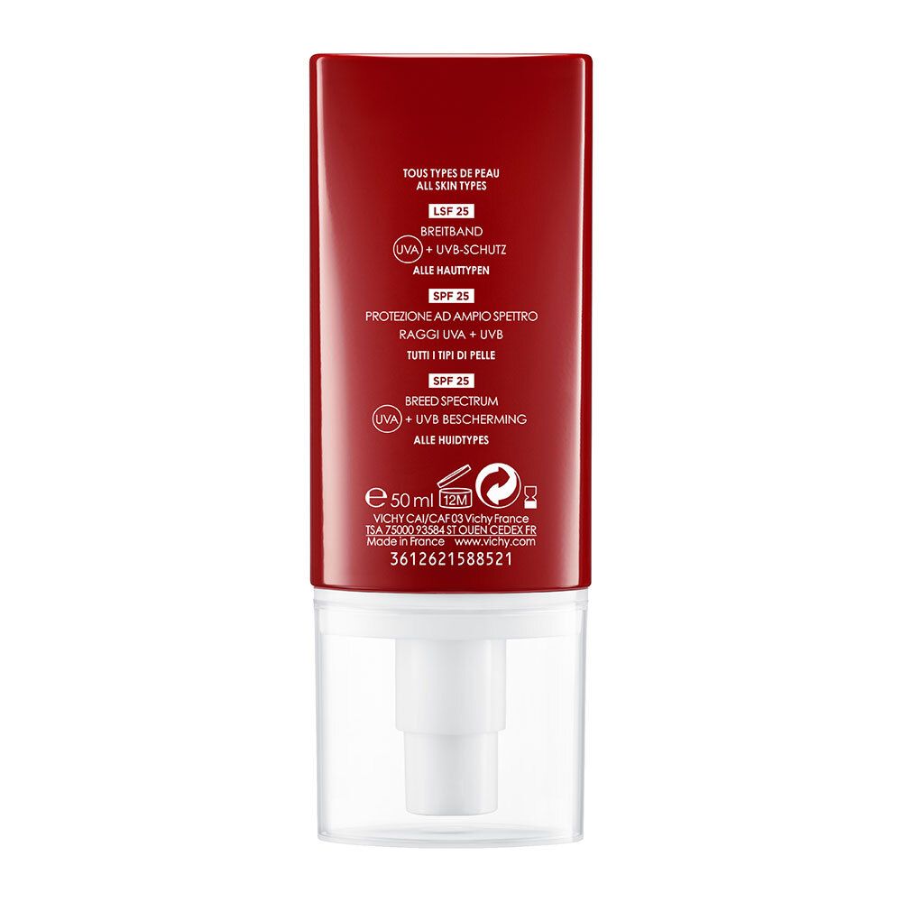 Dos du tube rouge. Texte multilingue. SPF 25, protection UVA/UVB.