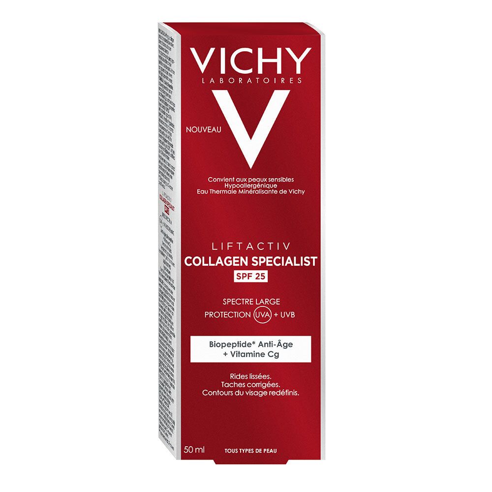 Emballage du produit. Boîte rouge avec logo Vichy et nom du produit. SPF 25.