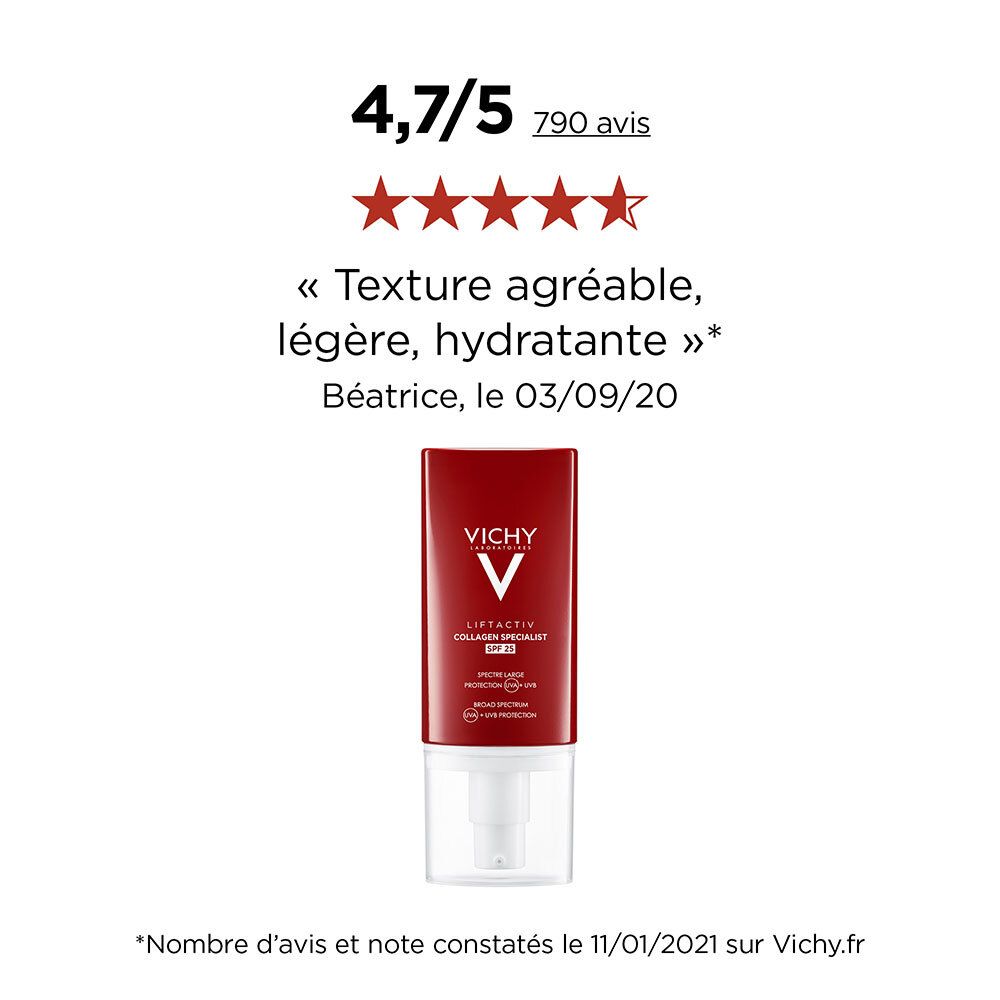 Produit avec évaluation. Tube rouge. Logo Vichy et nom du produit. SPF 25.
