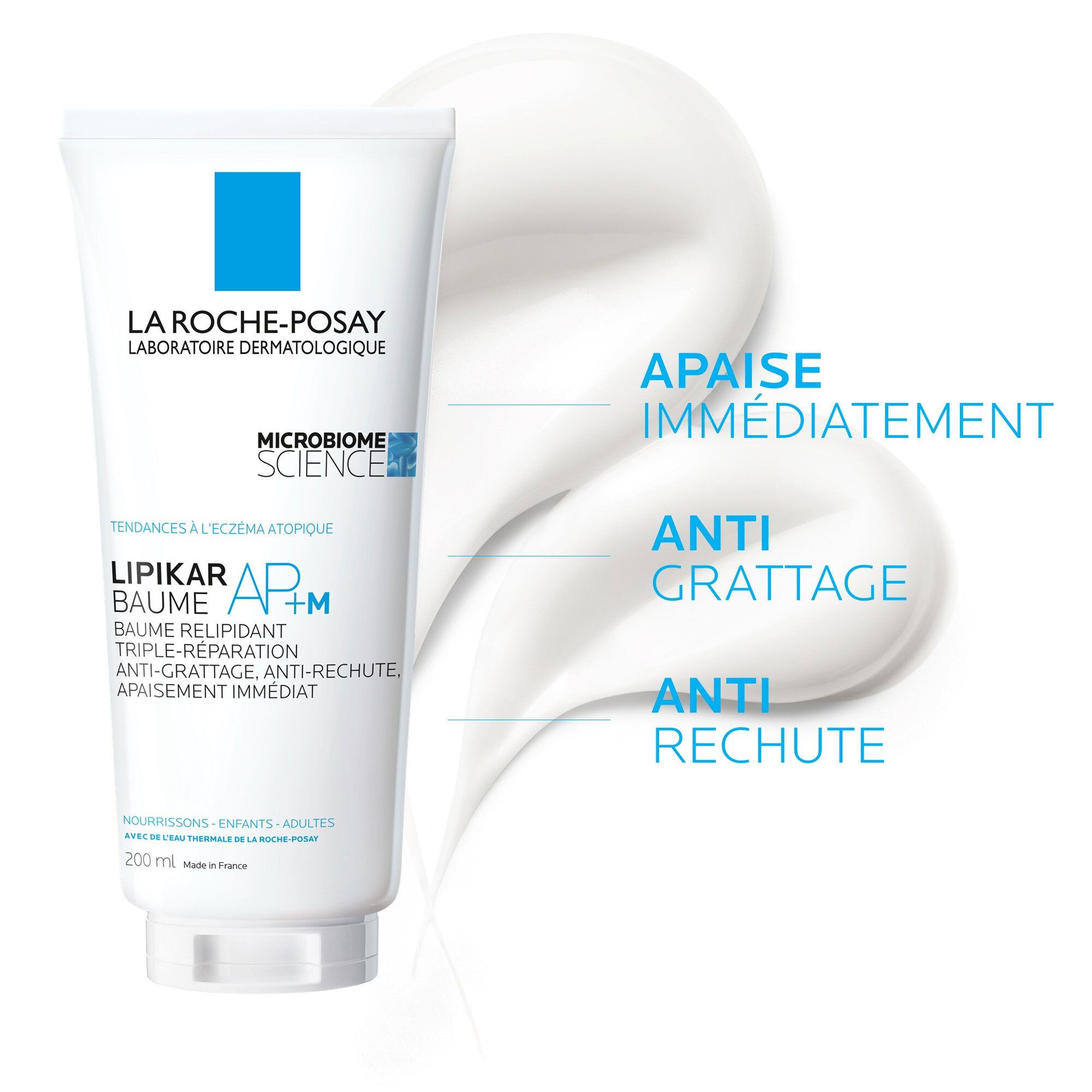 Tube de crème avec logo bleu. Texte: LIPIKAR BAUME AP+M. Pour eczéma atopique. Écoulement de crème.