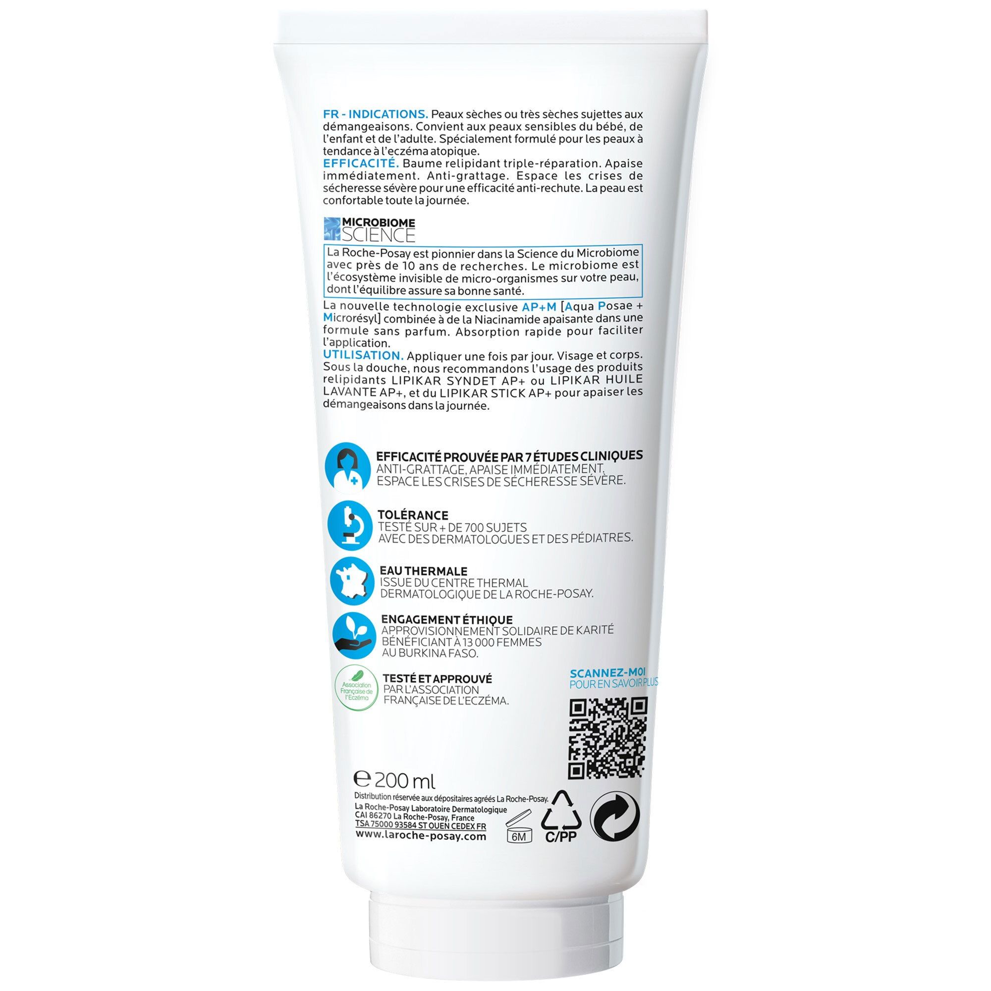 Dos du tube de crème. Texte: LIPIKAR BAUME AP+M. Informations et ingrédients. 200 ml.