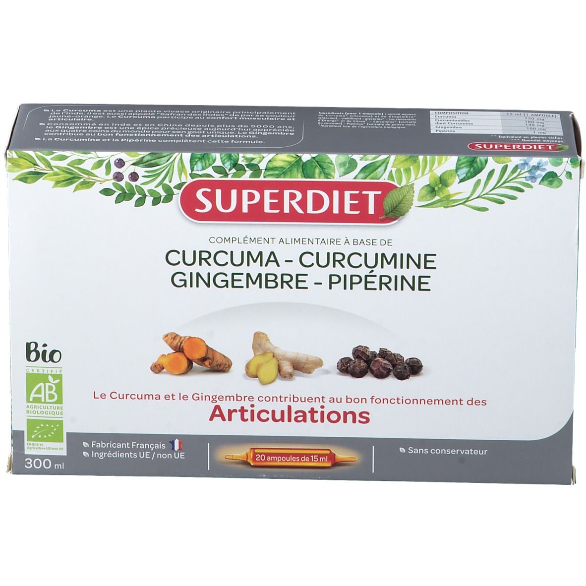 SUPERDIET Curcuma Curcumine Gingembre Pipérine Articulations Bio