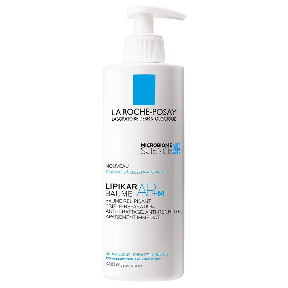 Flacon blanc avec pompe. Inscription: LA ROCHE-POSAY, LIPIKAR Baume AP+M. Pour nourrissons, enfants, adultes.