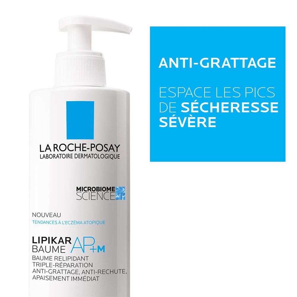 Flacon blanc avec pompe. Texte: ANTI-GRATTAGE, ESPACE LES PICS DE SÉCHERESSE SÉVÈRE. Inscription: LIPIKAR Baume AP+M.