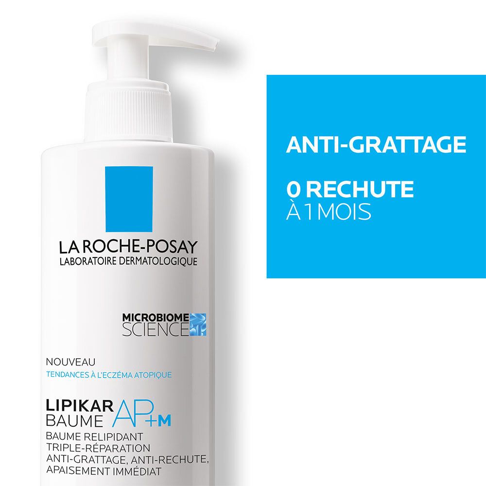 Flacon blanc avec pompe. Texte: ANTI-GRATTAGE, 0 RECHUTE À 1 MOIS. Inscription: LIPIKAR Baume AP+M.