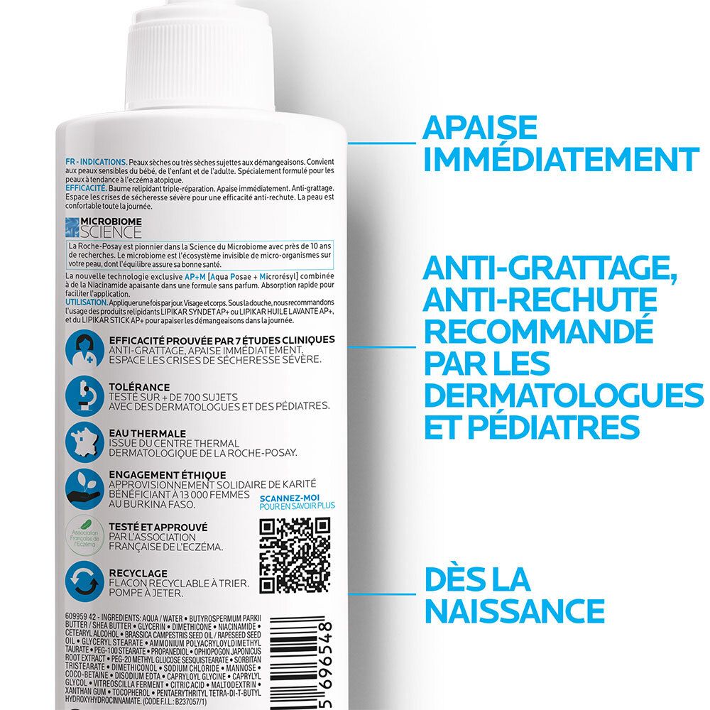 Dos d'un flacon blanc. Texte: APAISE IMMÉDIATEMENT, ANTI-GRATTAGE, ANTI-RÉCHUTE, RECOMMANDÉ PAR LES DERMATOLOGUES ET PÉDIATRES.