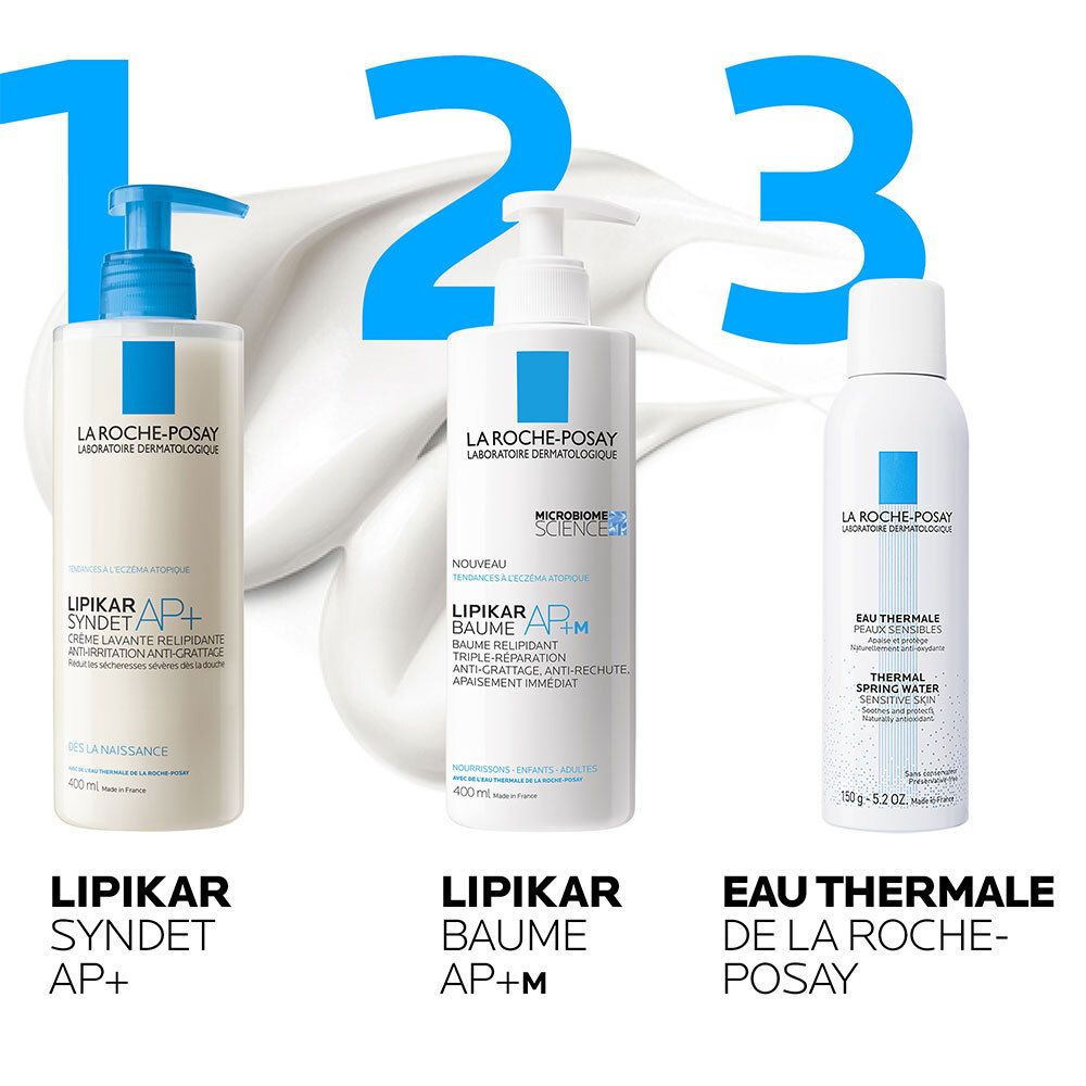 Trois produits: LIPIKAR Syndet AP+, LIPIKAR Baume AP+M, Eau Thermale de La Roche-Posay. Tous sur fond blanc.