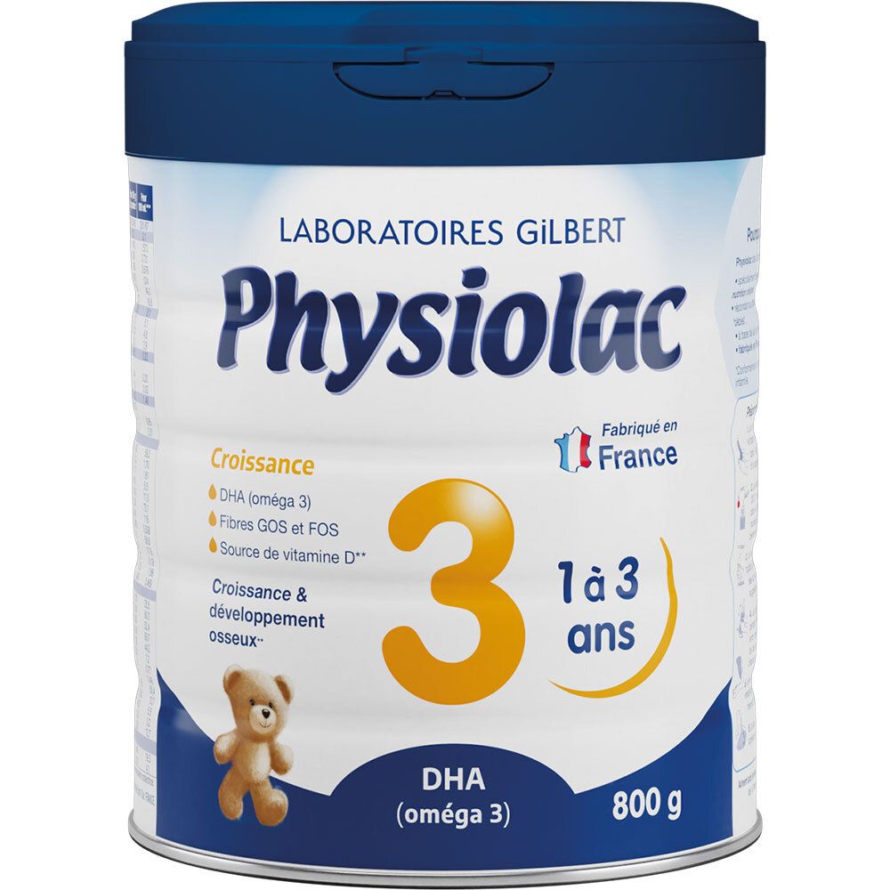 Boîte de Physiolac Croissance 3, bleu et blanc. Inscription: 3, 1 à 3 ans, DHA (oméga 3), 800 g. Avec label d'origine française.