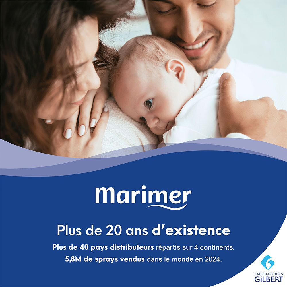 Famille avec bébé. Logo Marimer et texte : Plus de 20 ans d'existence, distribution dans 40 pays, 5,8M de sprays vendus.