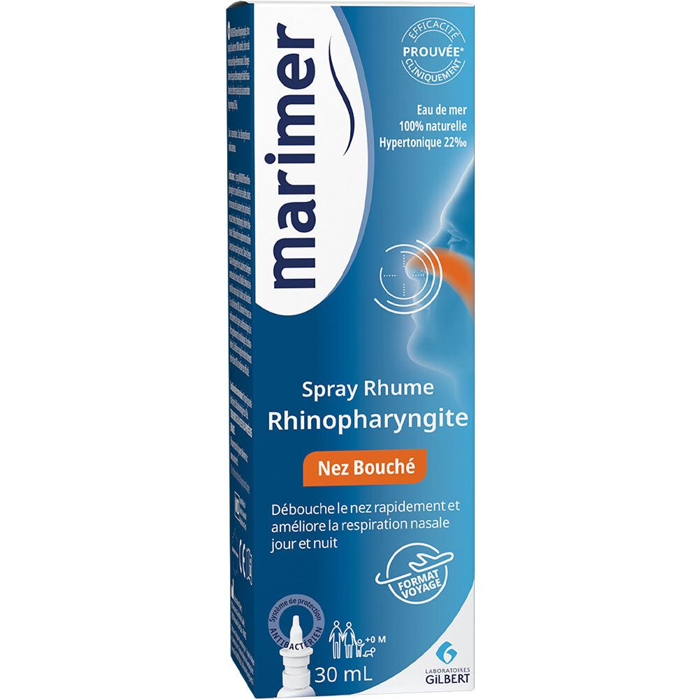 Emballage bleu et blanc avec spray nasal. Inscription: marimer, Spray Rhume Rhinopharyngite Nez bouché, 30 ml.