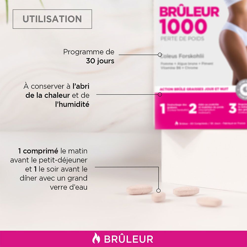 Boîte EA Fit Brûleur 1000 avec instructions d'utilisation. Prise: 1 comprimé matin et soir. Programme de 30 jours.