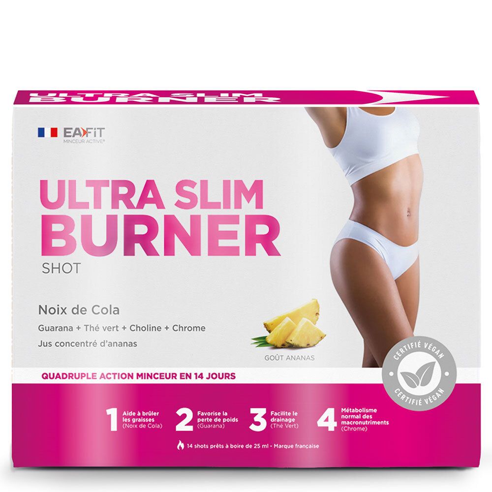 Boîte EA-FIT Ultra Slim Burner Shot, goût ananas. Certifié vegan. Contient des ingrédients.