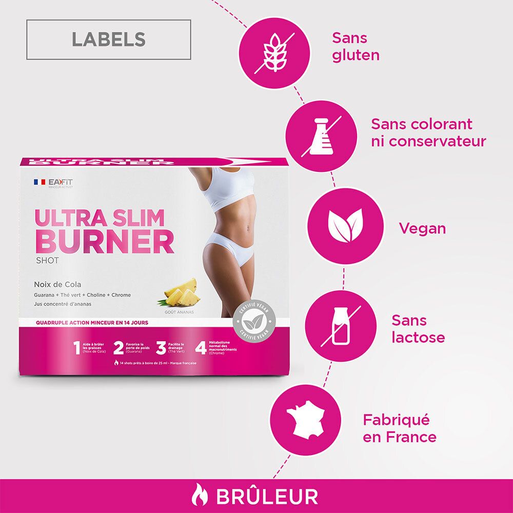 EA-FIT Ultra Slim Burner Shot. Labels: Sans gluten, sans colorant, vegan, sans lactose, Fabriqué en France.