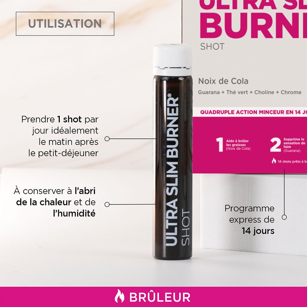 EA-FIT Ultra Slim Burner Shot. Bouteille marron, bouchon blanc. Instructions d'utilisation.
