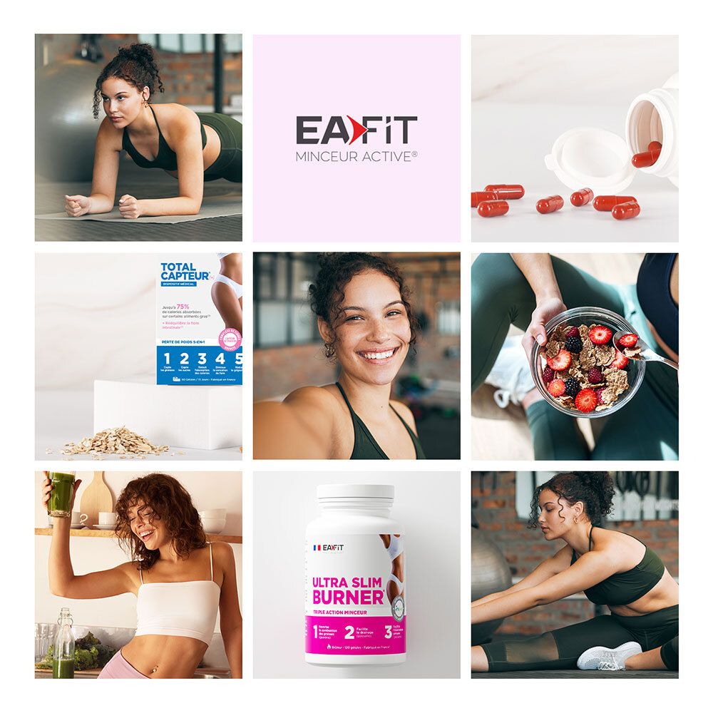 Collage d'images de produits EA-FIT et d'une femme faisant du sport.