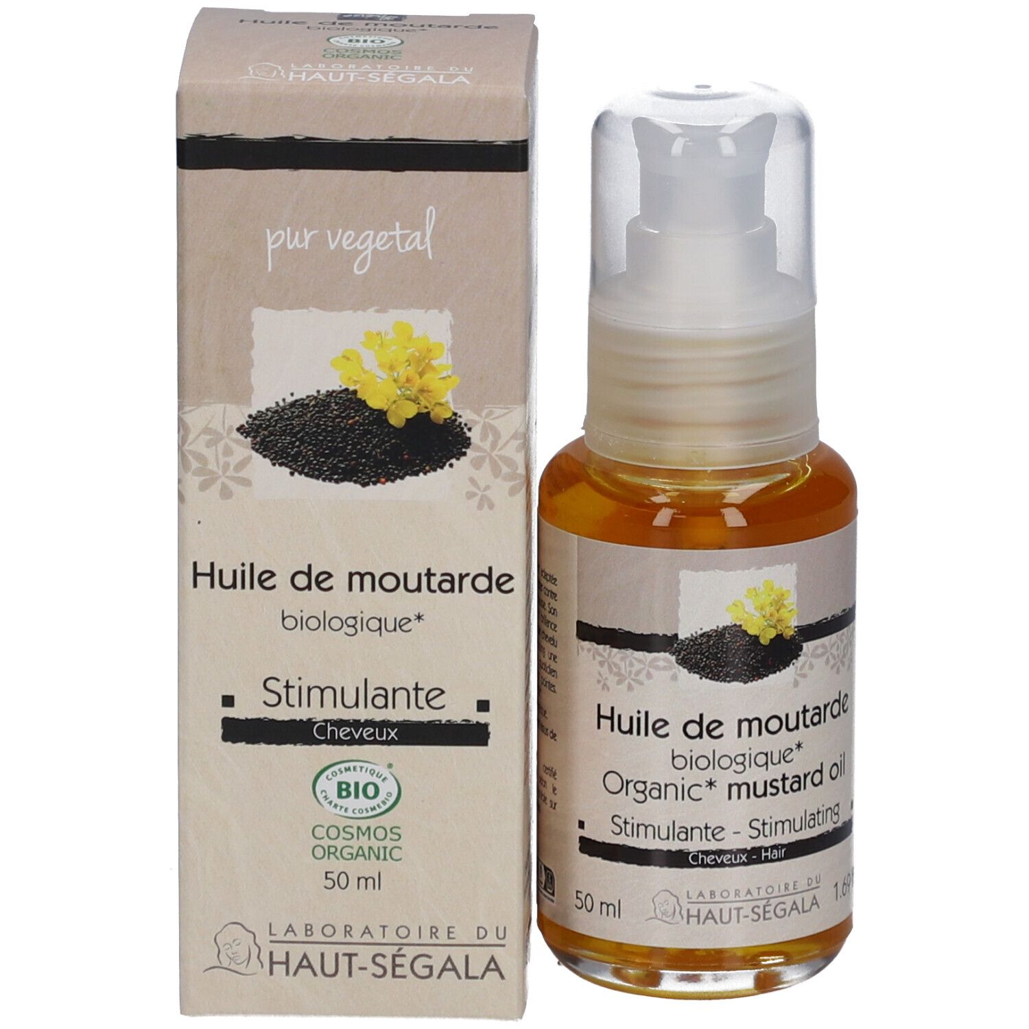 Flacon et emballage du produit. Flacon avec pompe, à côté boîte. Texte et logos. Certification biologique.