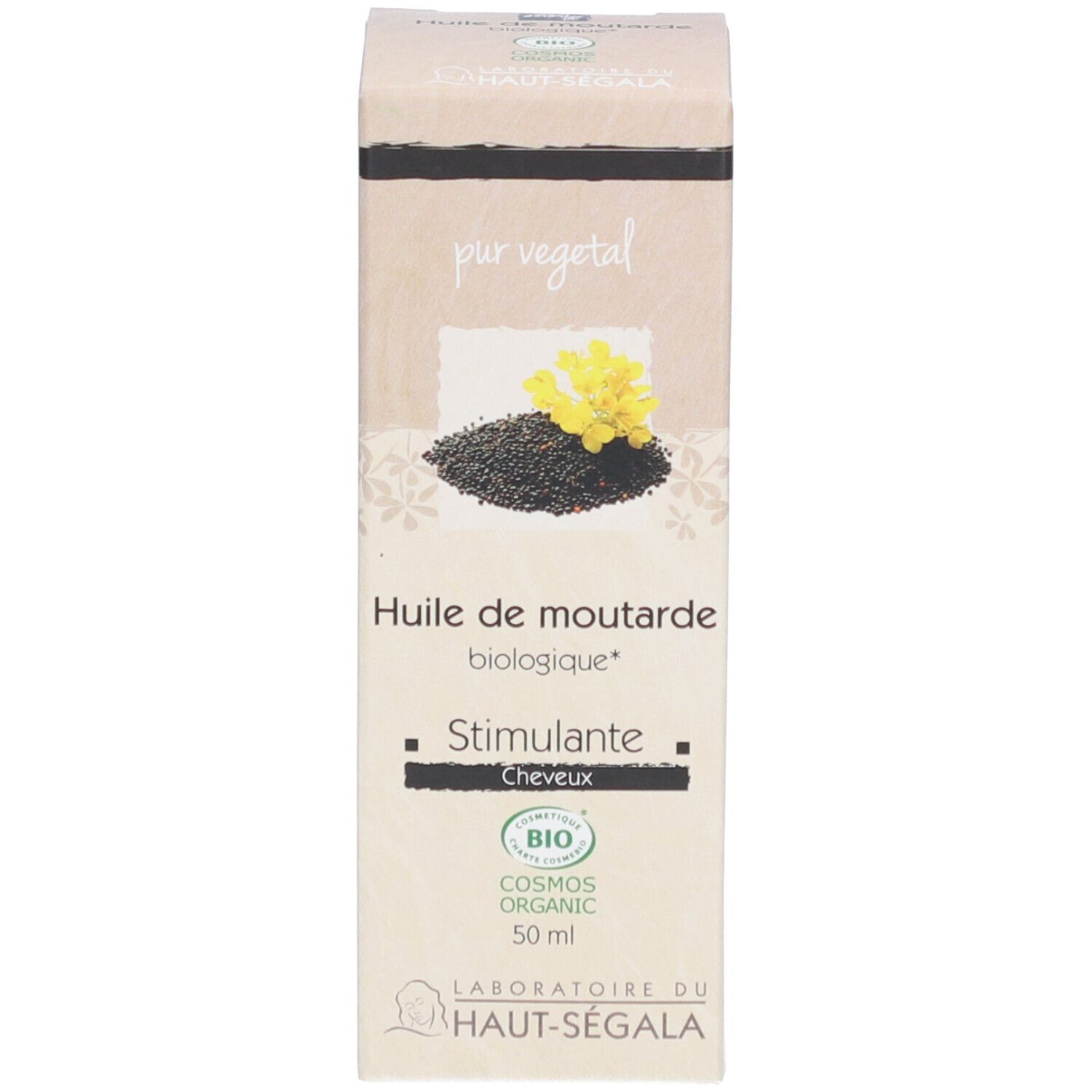 Emballage carton avec texte, logos et certification bio. Illustration de graines de moutarde et fleur jaune.