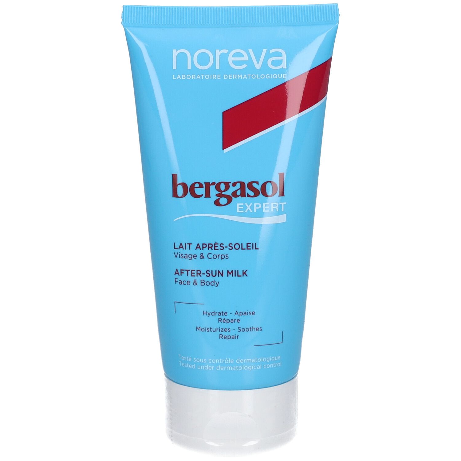 Tube bleu clair avec bande rouge. Inscription : noreva, bergasol Expert, Lait après-soleil. Bouchon blanc.