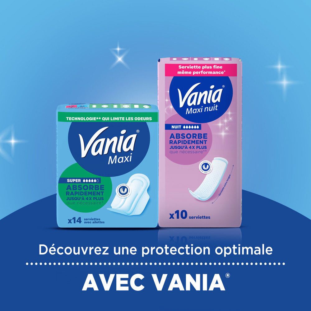 Emballages des serviettes hygiéniques Vania Maxi et Vania Maxi Nuit côte à côte.