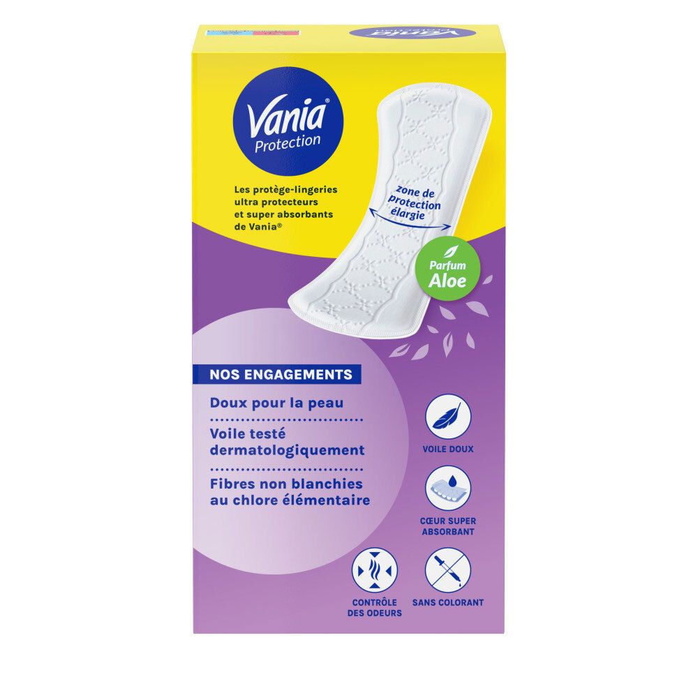 Vania Protection Large protège-slips: voile testé dermatologiquement, douceur, neutralisation des odeurs.
