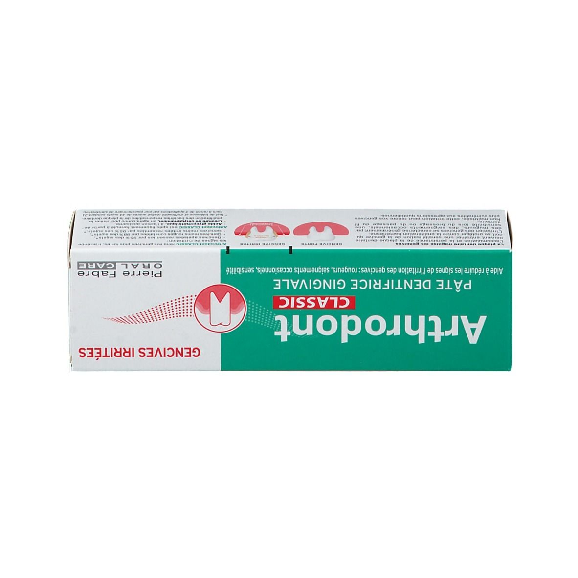 Tube de dentifrice Arthrodont Classic. Emballage vert et blanc avec nom et logo du produit. Inscription : Gencives Irritées.