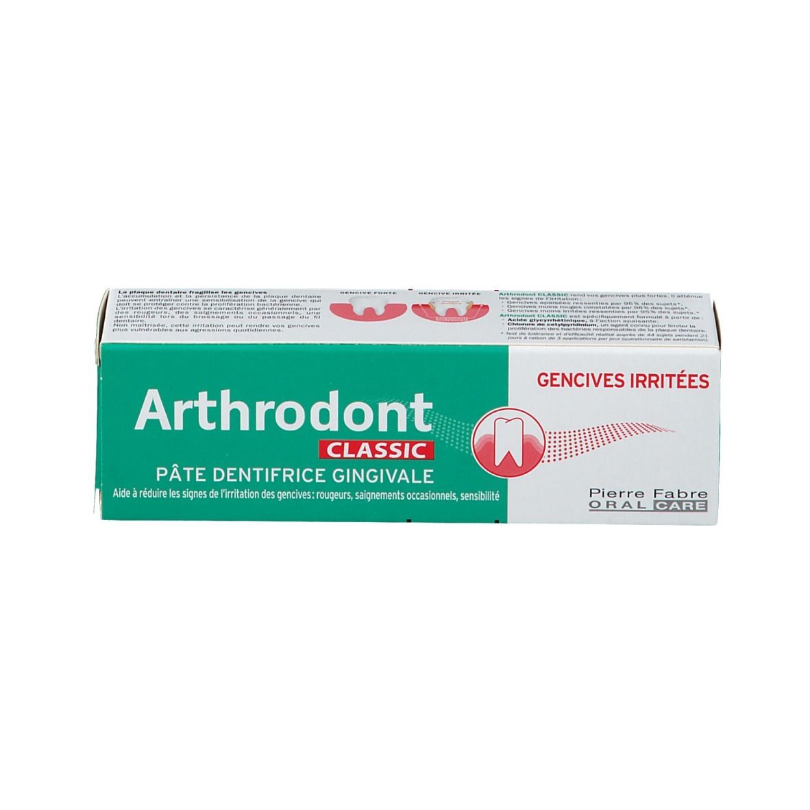 Tube de dentifrice Arthrodont Classic. Emballage vert et blanc avec nom et logo du produit. Inscription : Gencives Irritées.