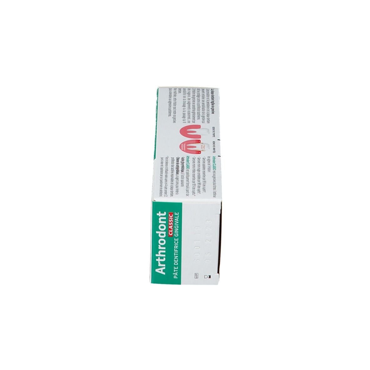 Tube de dentifrice Arthrodont Classic. Emballage vert et blanc avec nom et logo du produit. Inscription : Gencives Irritées.