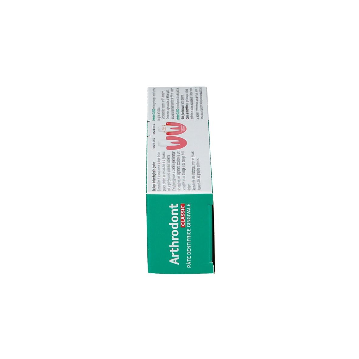 Tube de dentifrice Arthrodont Classic. Emballage vert et blanc avec nom et logo du produit. Inscription : Gencives Irritées.