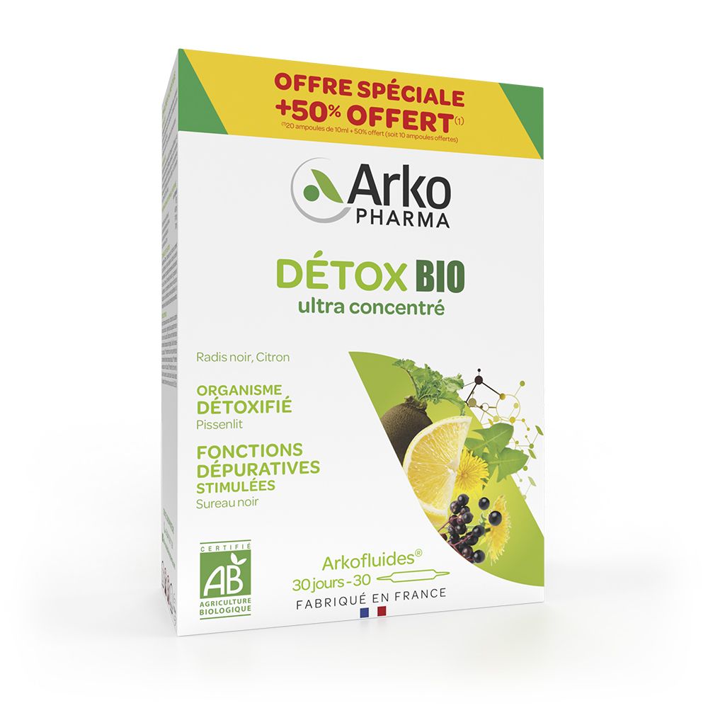 Boîte Arkopharma Détox BIO. Design vert et blanc avec nom du produit et logo AB. Illustration de citron et baies.