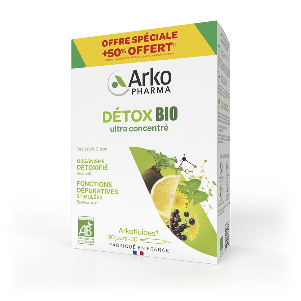 Boîte Arkopharma Détox BIO. Design vert et blanc avec nom du produit et logo AB. Illustration de citron et baies.