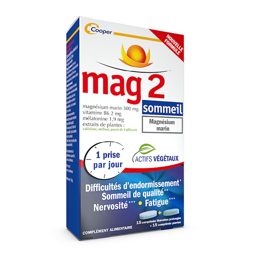 MAG 2 Sommeil à base de magnésium marin 300mg, mélatonine 1,9mg et extraits de plantes - complément alimentaire - 30 comprimés