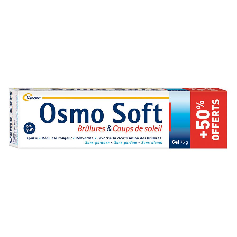 Tube de gel Osmo Soft. Inscription: Brûlures & Coups de soleil. Offre +50%. Contient 75g de gel.