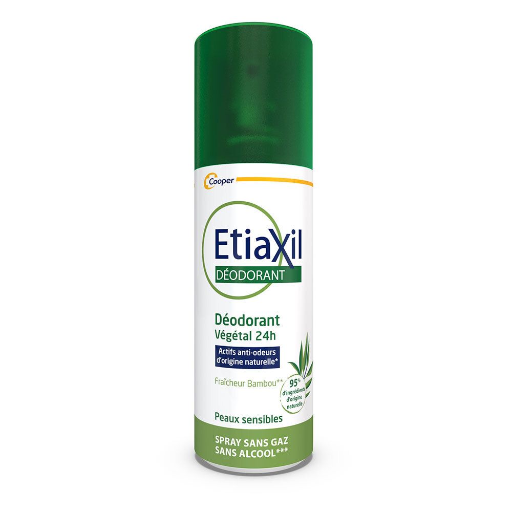 Spray déodorant Etiaxil. Flacon blanc avec bouchon vert. Inscription Déodorant Végétal 24h.