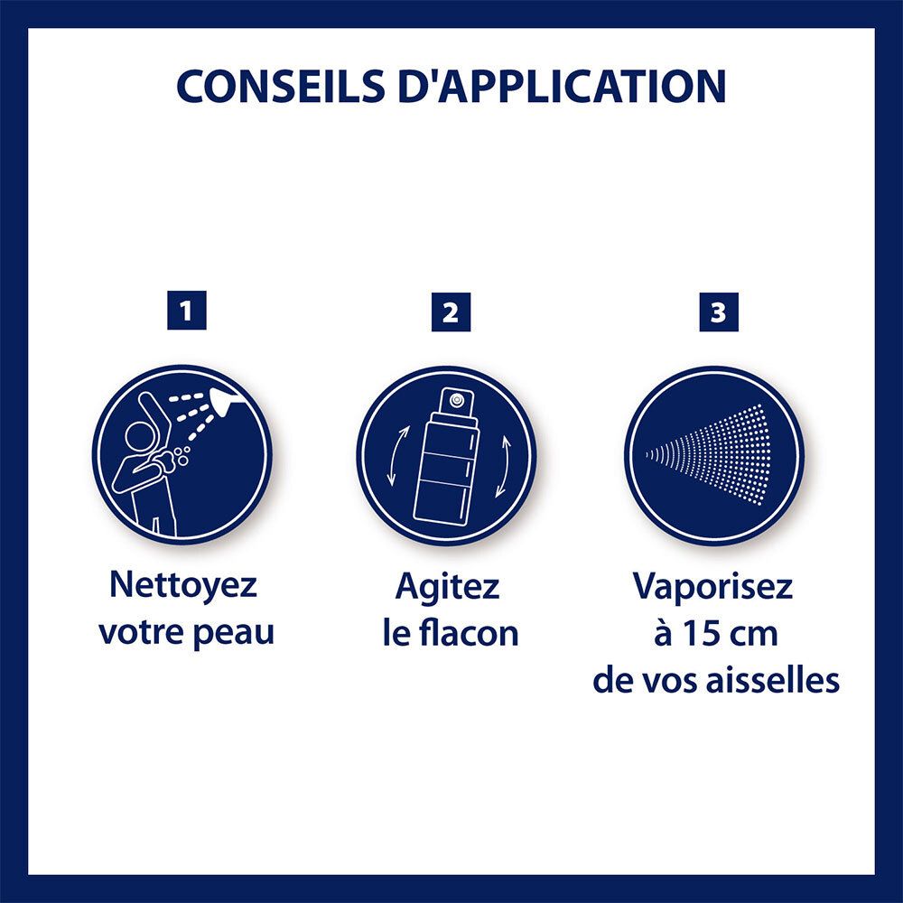 Conseils d'application. 3 étapes: Nettoyer la peau, agiter, vaporiser à 15 cm des aisselles.