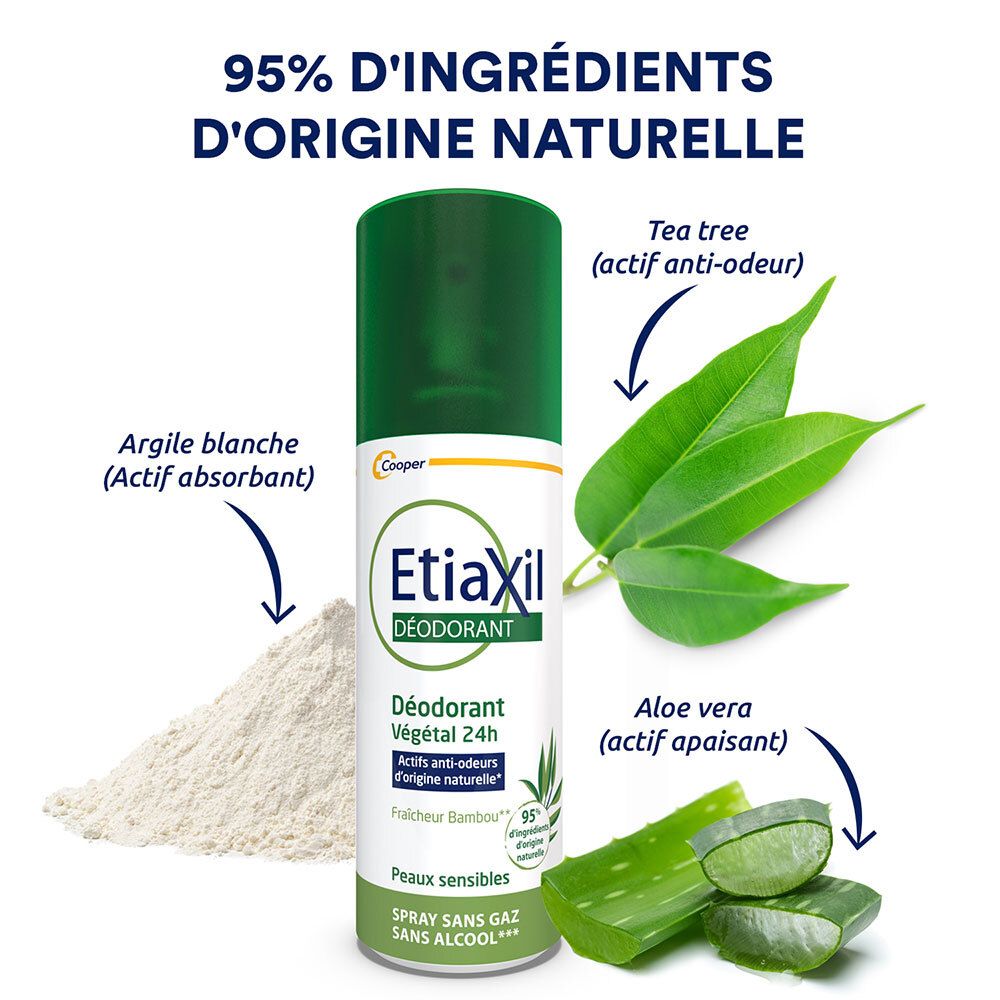 Spray déodorant Etiaxil avec ingrédients. Aloe vera, arbre à thé, argile blanche. Texte: 95% naturel.