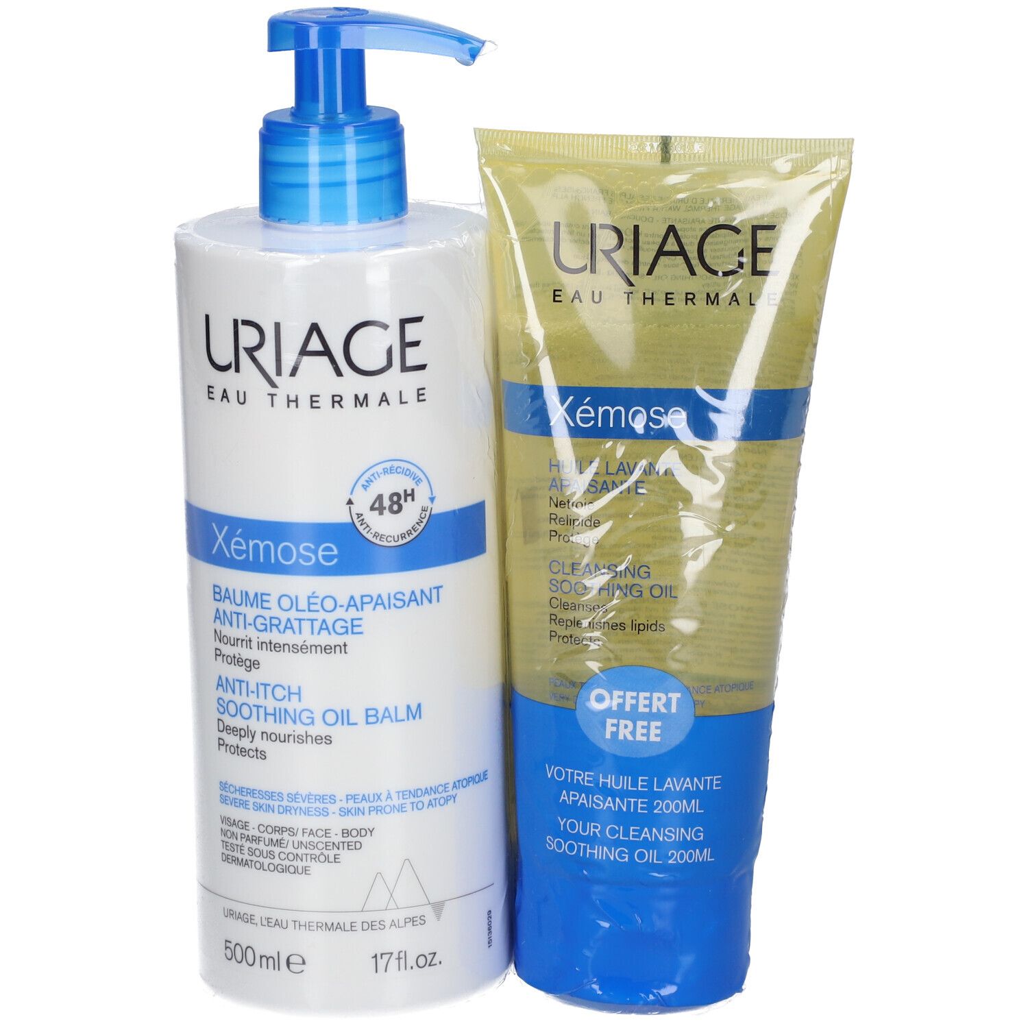 Deux produits. Flacon pompe bleu et tube. Inscriptions: Uriage, Xémose, Baume Oléo-Apaisant, Anti-grattage.