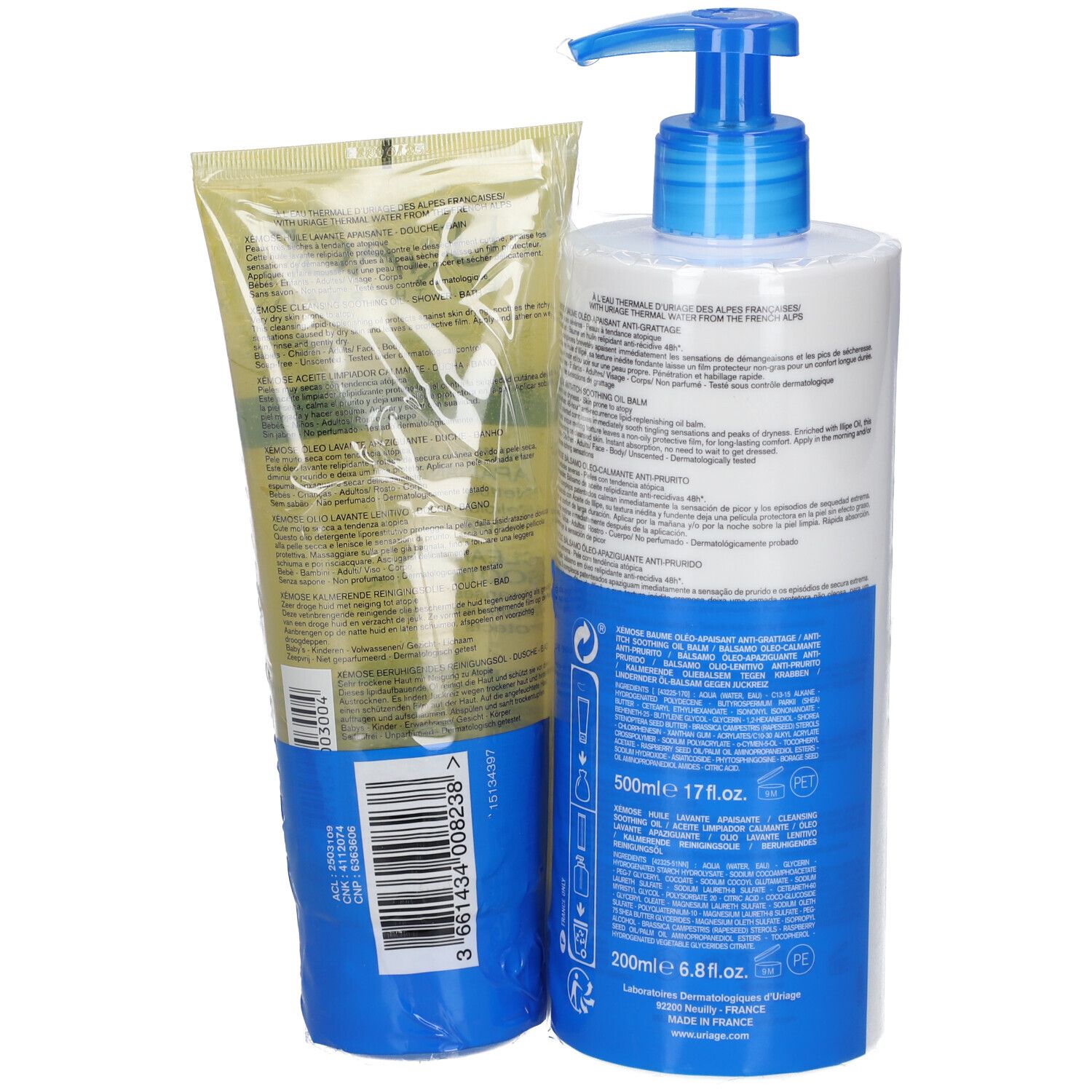 Vue arrière de deux produits. Flacon pompe bleu et tube. Inscriptions et code-barres visibles.