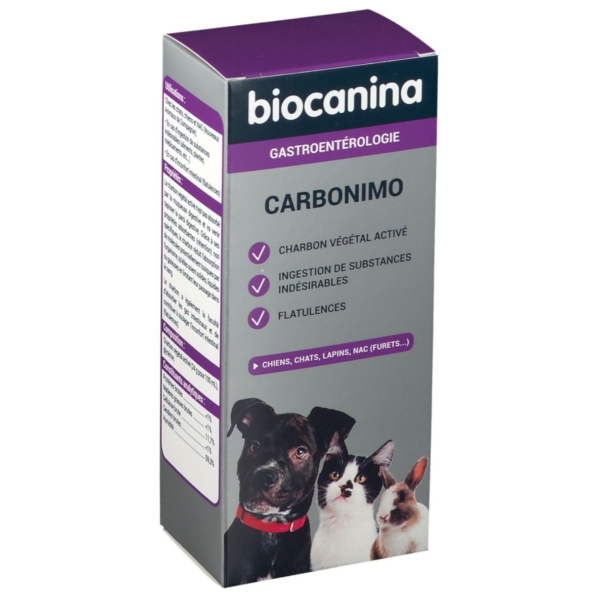Boîte de produit avec logo et nom. Illustration d'un chien, chat et lapin. Texte : 'Charbon végétal active', 'Ingestion de substances'.
