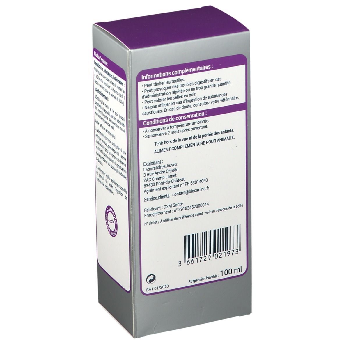 Dos de la boîte de produit. Informations de conservation et ingrédients. Code-barres et indication de volume : 100 ml.